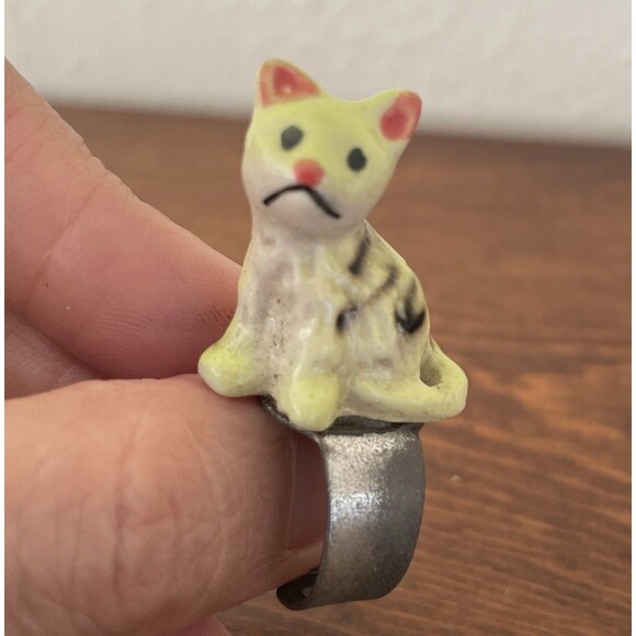 Sad Yellow Tabby Cat Ceramic Ring Grumpy Neon‎ OOAK Adjustable Band Maximalism - Picture 8 of 8